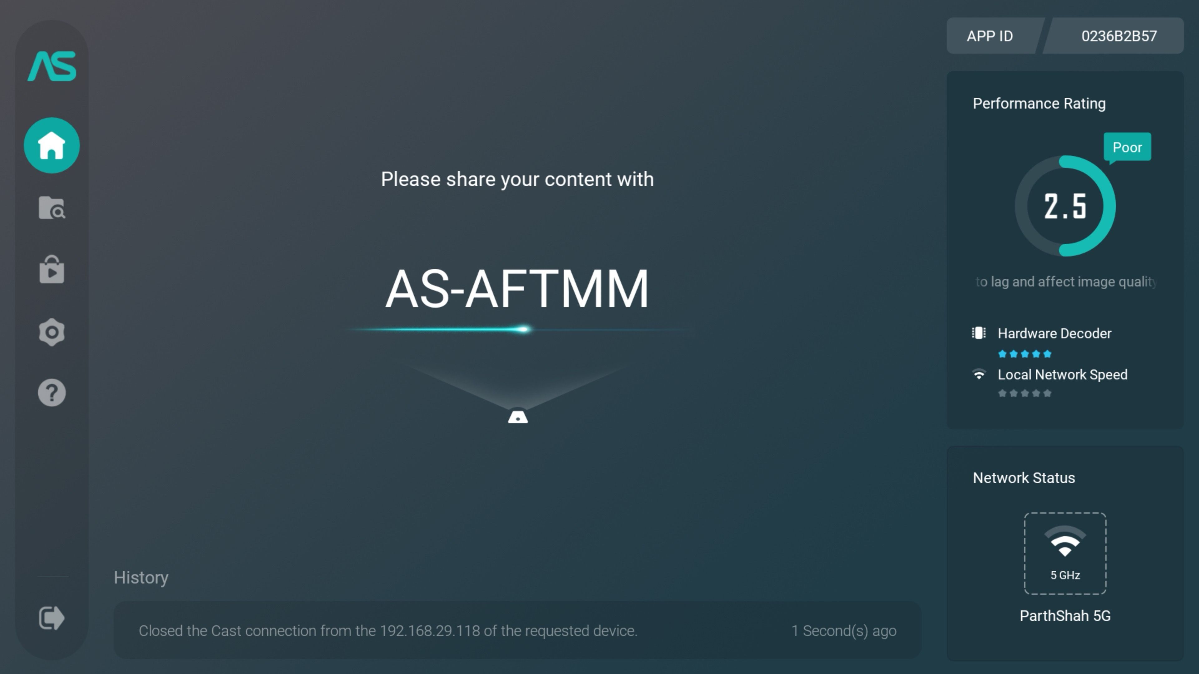 AirScreen home page and UI showing performance rating and network status