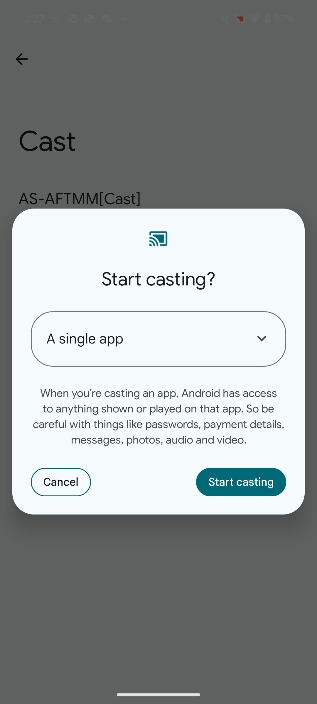 Cast single app or entire screen on Fire TV Stick with Start casting prompt