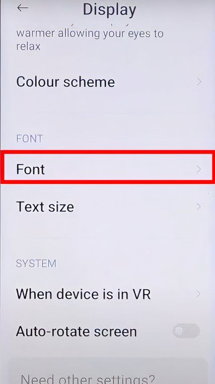 Display Setting on a Xiaomi device with Font highlighted in red