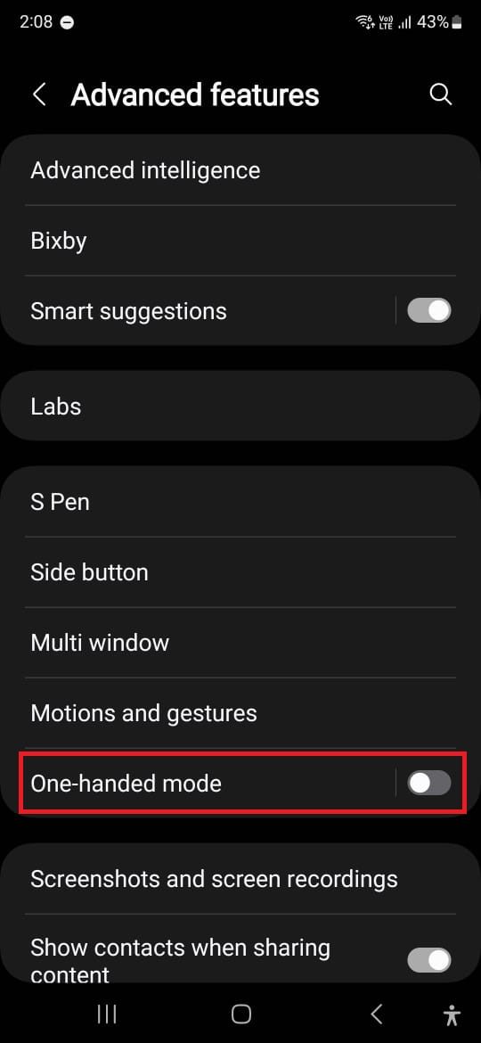 Screenshot highlighting One-handed mode on a Samsung Galaxy phone