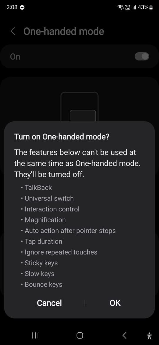 Screenshot showing a pop-up for One-handed mode on a Samsung Galaxy phone