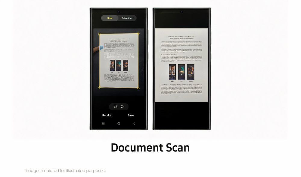 A Samsung smartphone screen shows the document scanning feature with options to retake or save the scanned document.