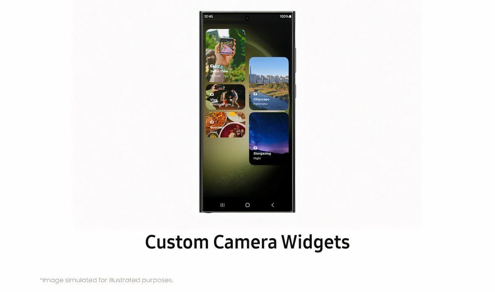 The image shows a Samsung smartphone screen with custom camera widgets,