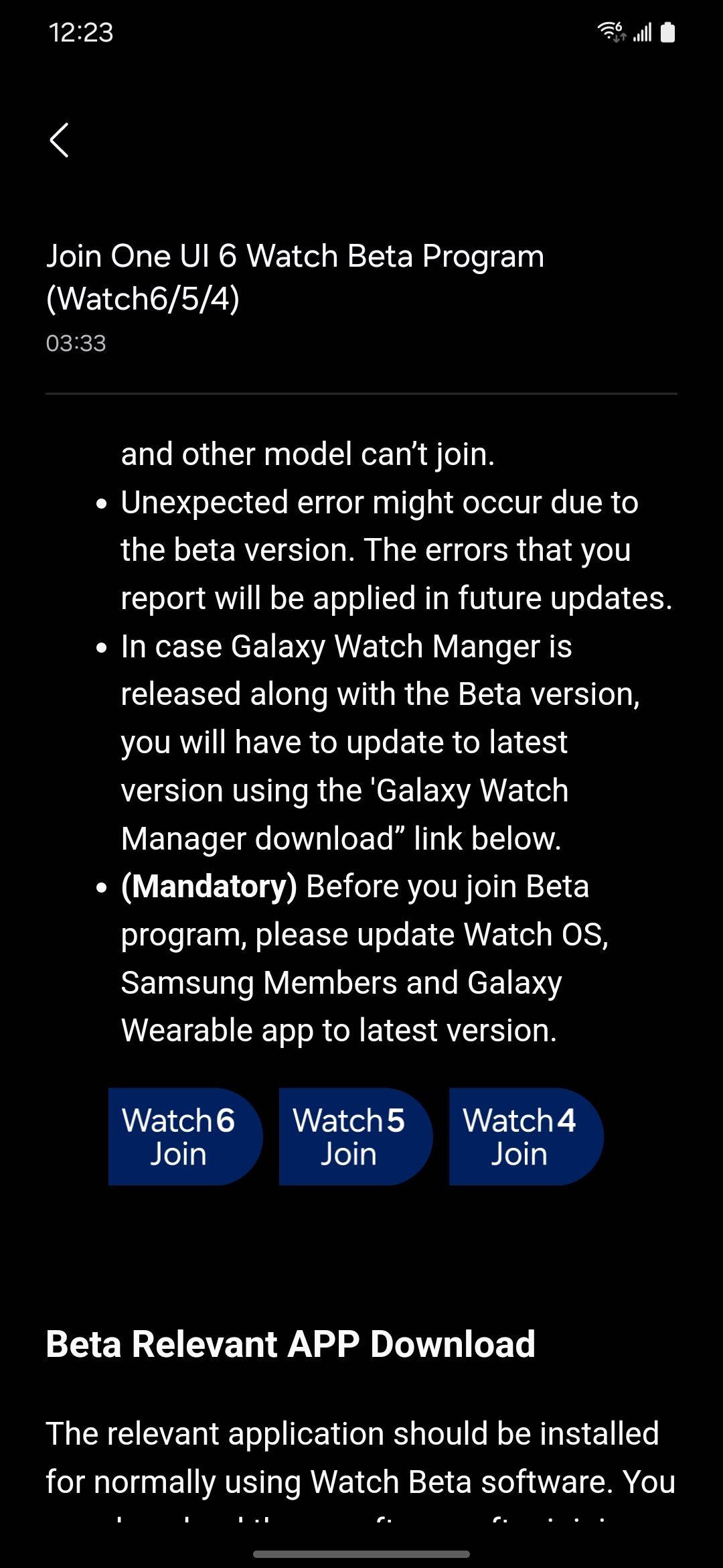 A screenshot of the Samsung Members app highlighting the One UI Watch 6 beta.