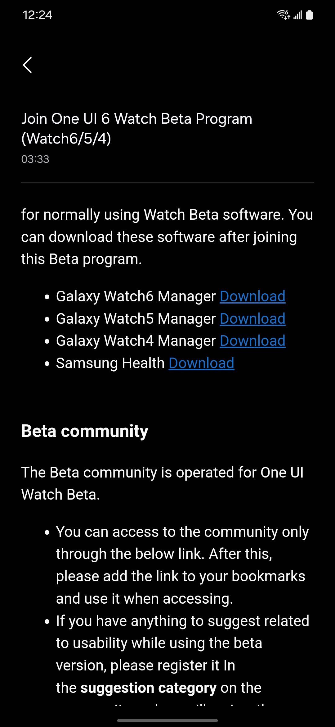 A screenshot of the Samsung Members app highlighting the One UI Watch 6 beta.