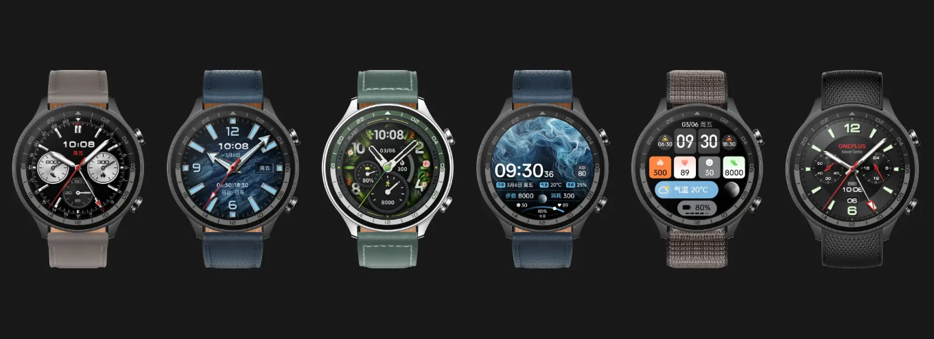 Multiple China-excluisve OnePlus Watch 2 with different colored bands.