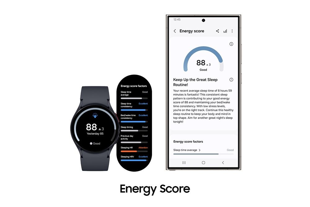 A Samsung Galaxy Watch and a Samsung Galaxy phone displaying the new Energy Score feature.