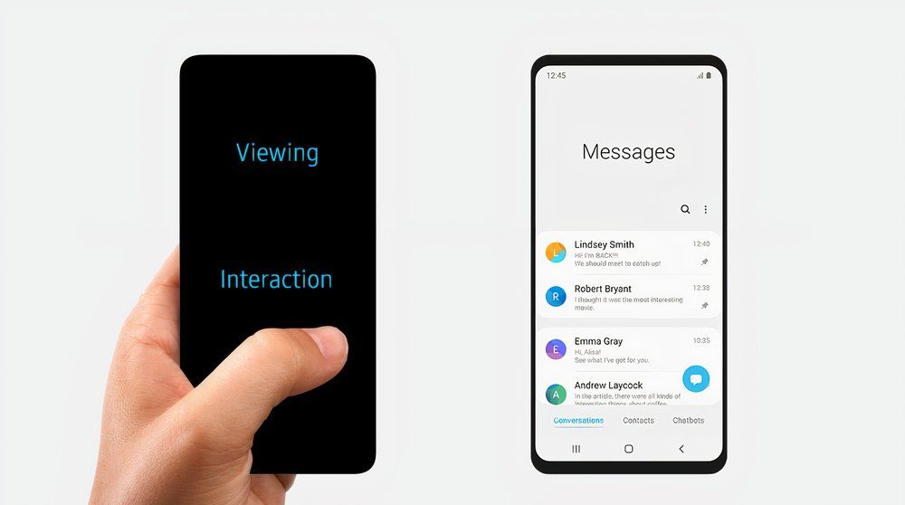 Hand holding a smartphone with a split interface. The top half labeled 'Viewing' shows message previews, while the bottom half labeled 'Interaction' is meant for user input and navigation.