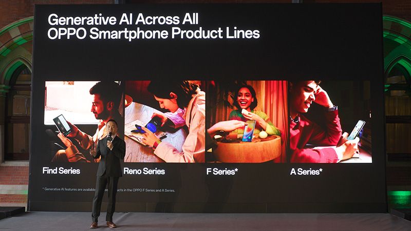 Billy Zhang, Oppo's President of Overseas Marketing, Sales and Services on a stage talking about gen AI across all of Oppo's smatphone product lines.