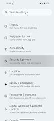The Pixel settings app showing 'Security & privacy' selected