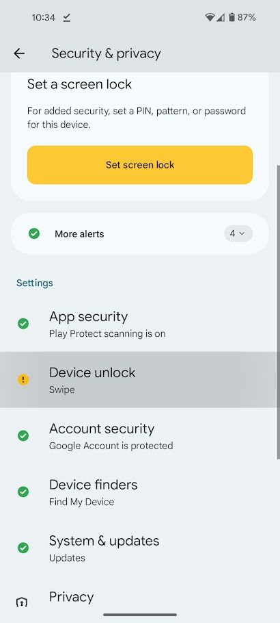 The Pixel security and privacy settings showing 'Device unlock' selected.