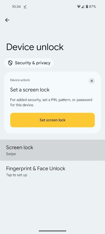 The Pixel device unlock settings showing 'Screen lock' selected