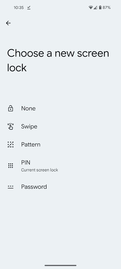 Pixel device unlock settings options to choose a new screen lock