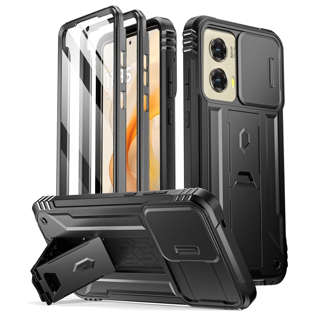 A black phone case with a tempered glass screen protector on a device