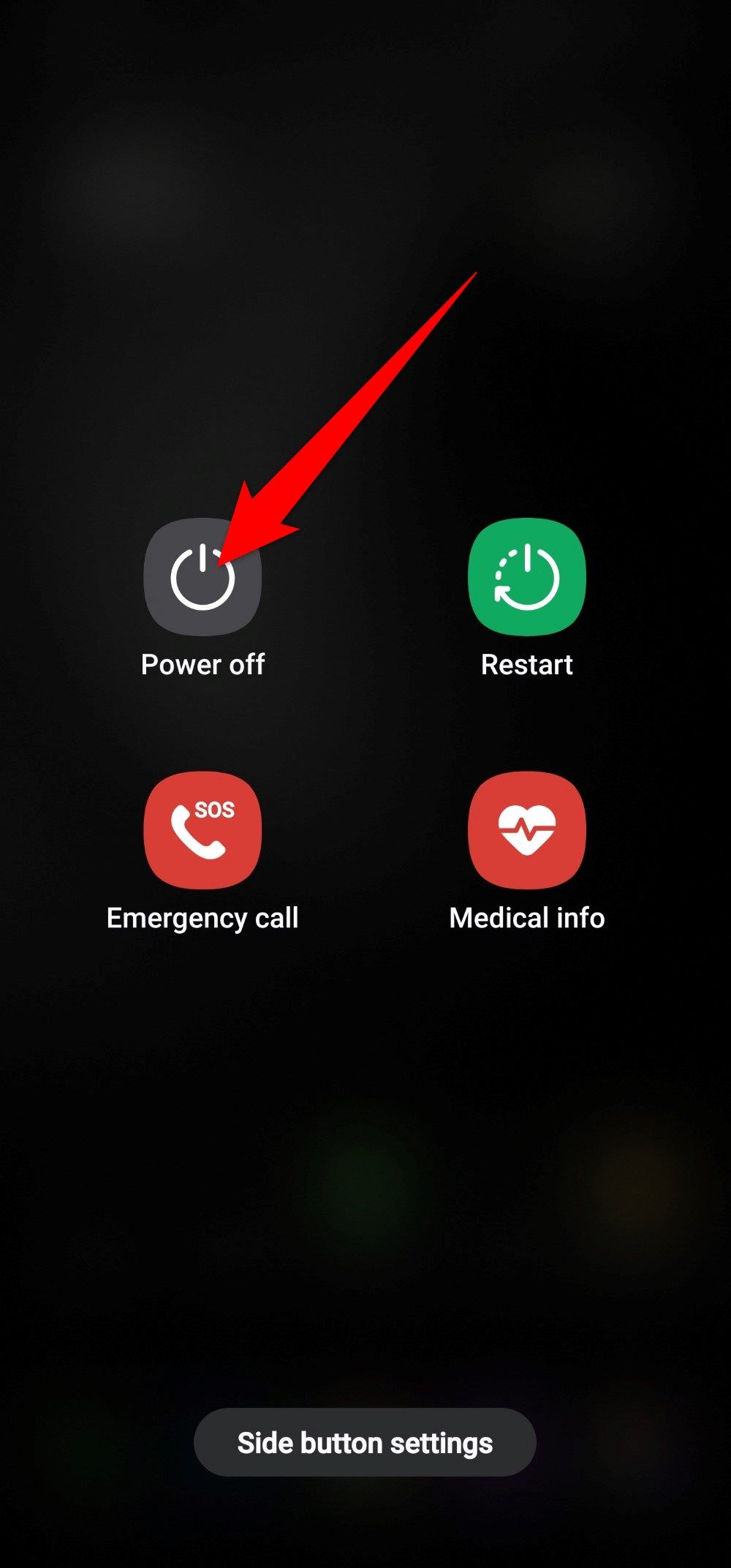 Screenshot showing the Power off button in the Power menu of a Samsung Galaxy phone