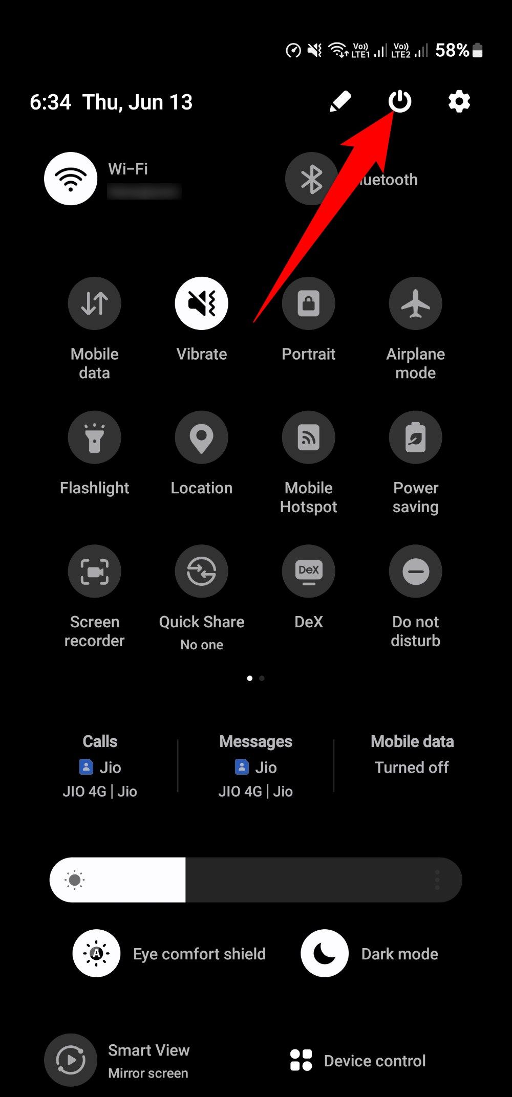 Power off button in the Quick Settings panel of Samsung Galaxy phone