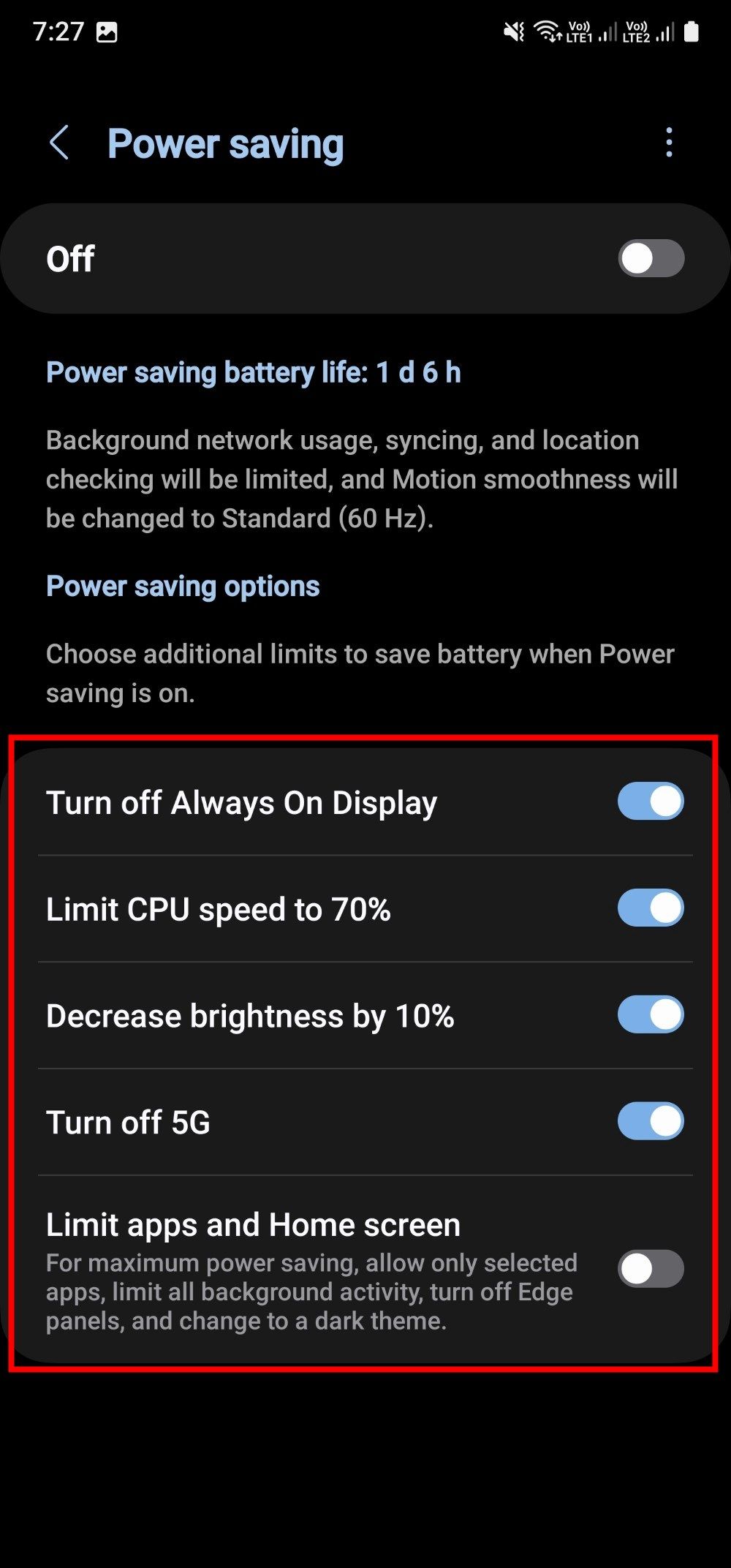 Power saving mode options on a Samsung Galaxy A15 5G