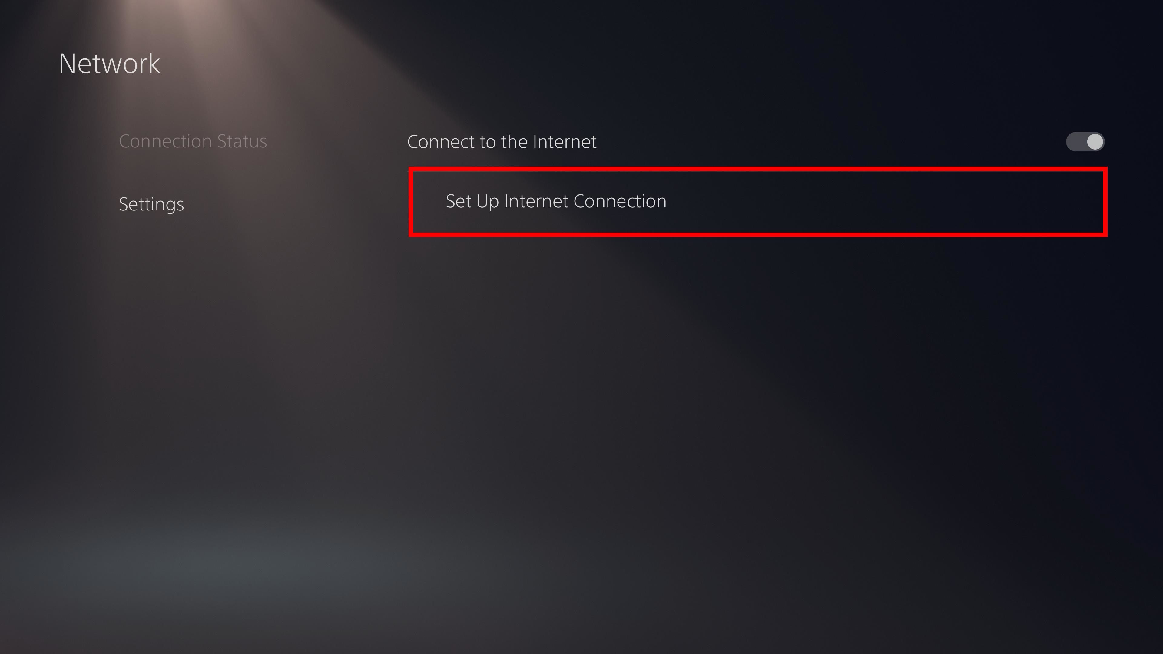 red rectangle over set up internet connection in network settings