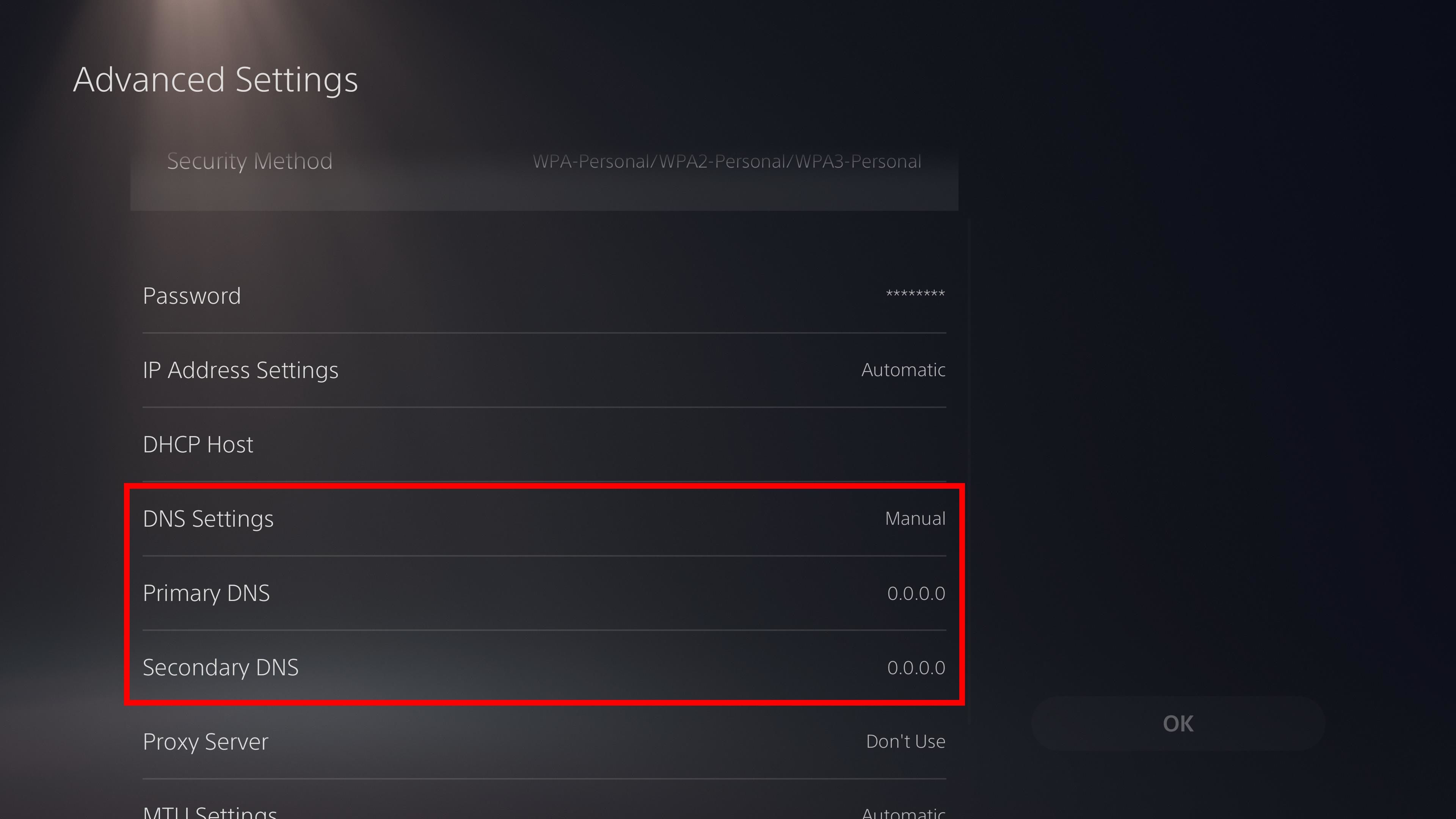 red rectangle outline over dns settings under advanced settings on a ps5