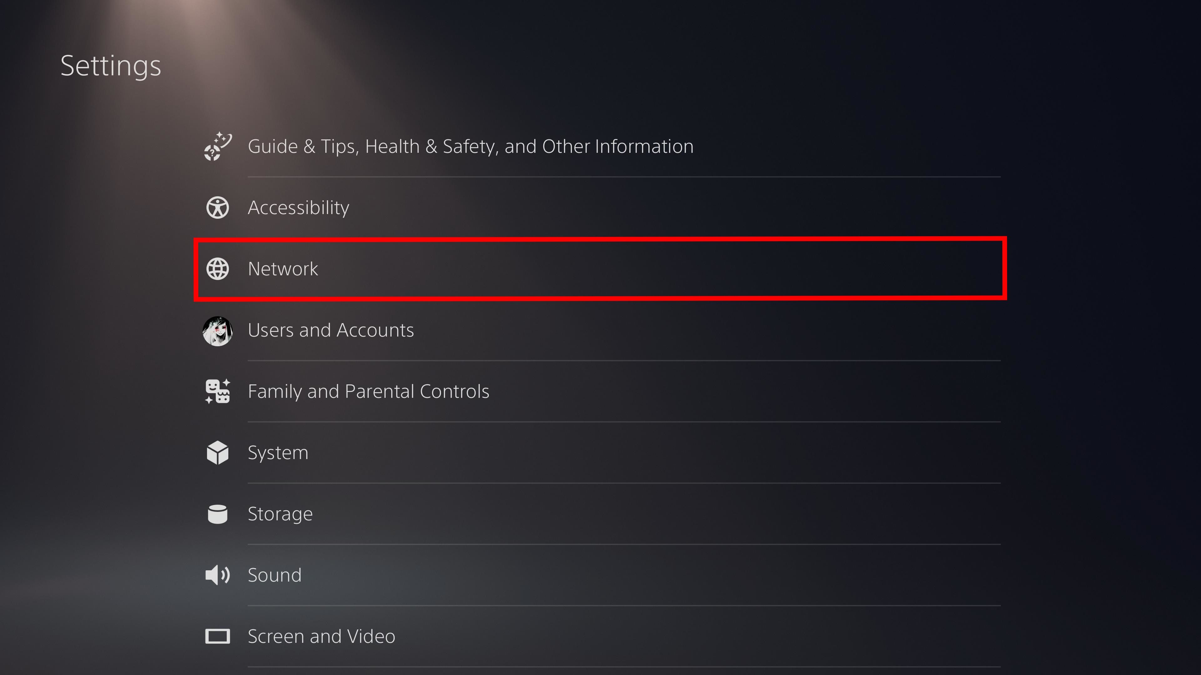 red rectangle outline over network option in ps5 settings