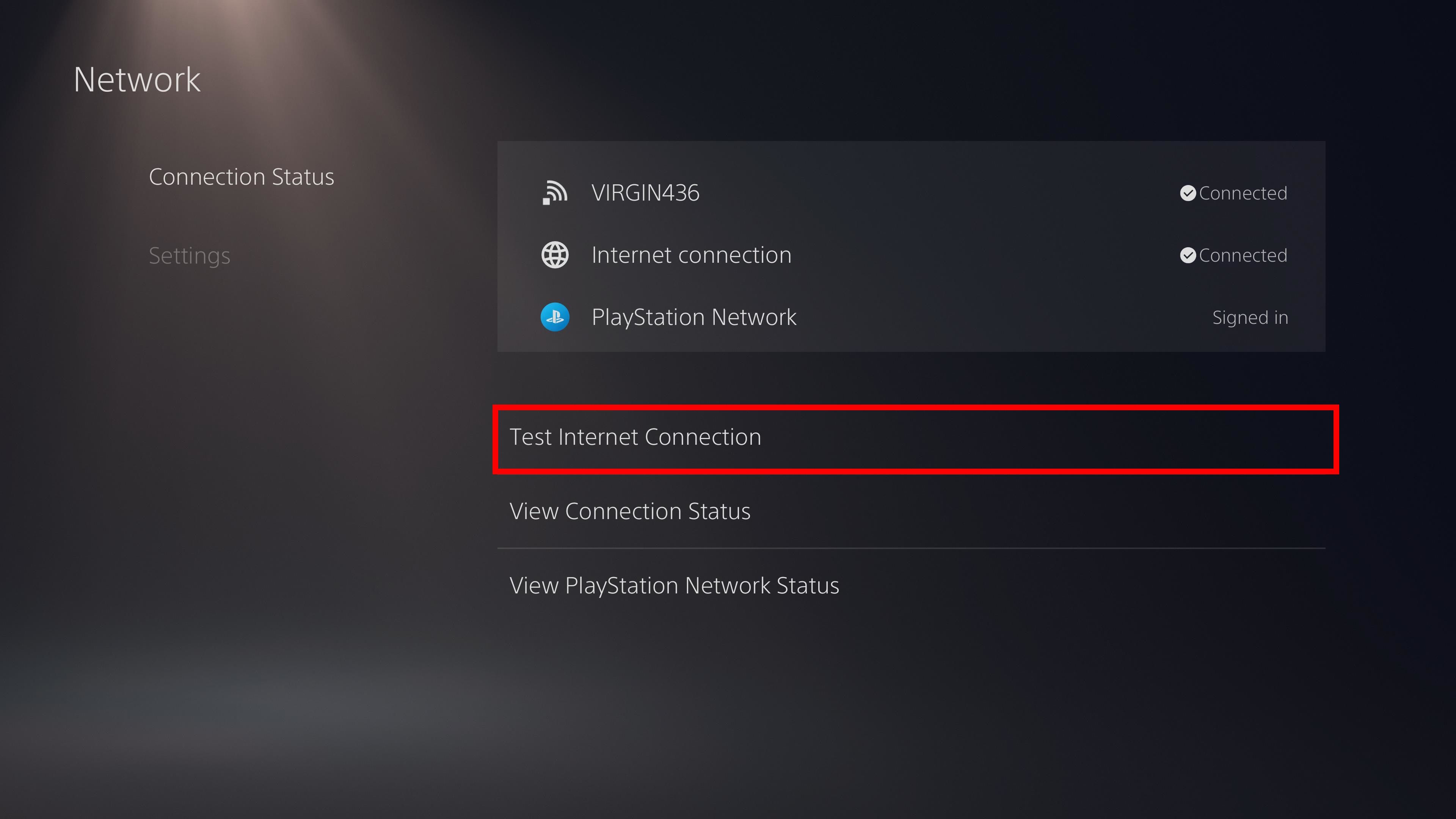 red rectangle outline over test internet connection in network settings