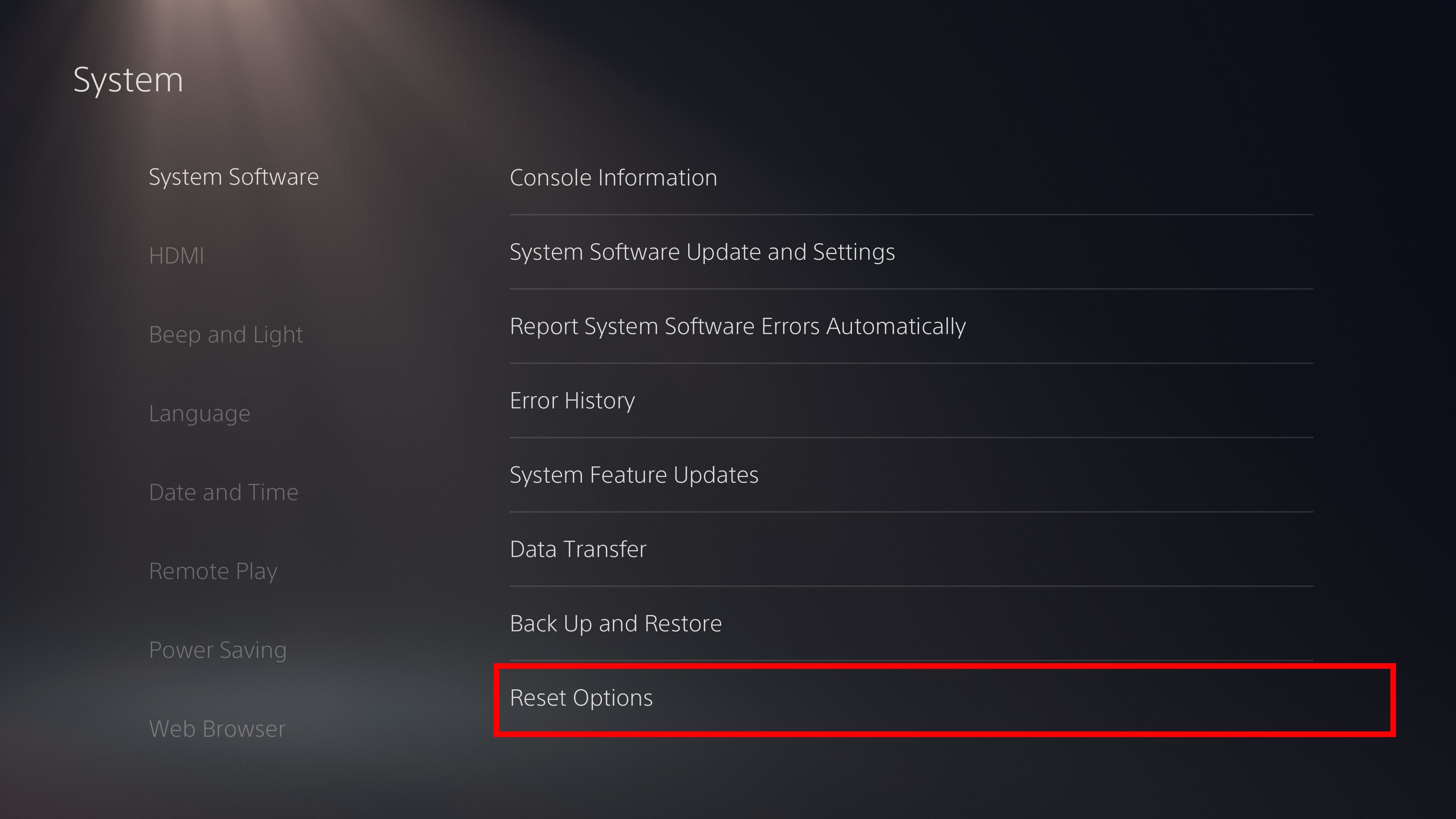 red rectangle outline over reset options in ps5 system settings