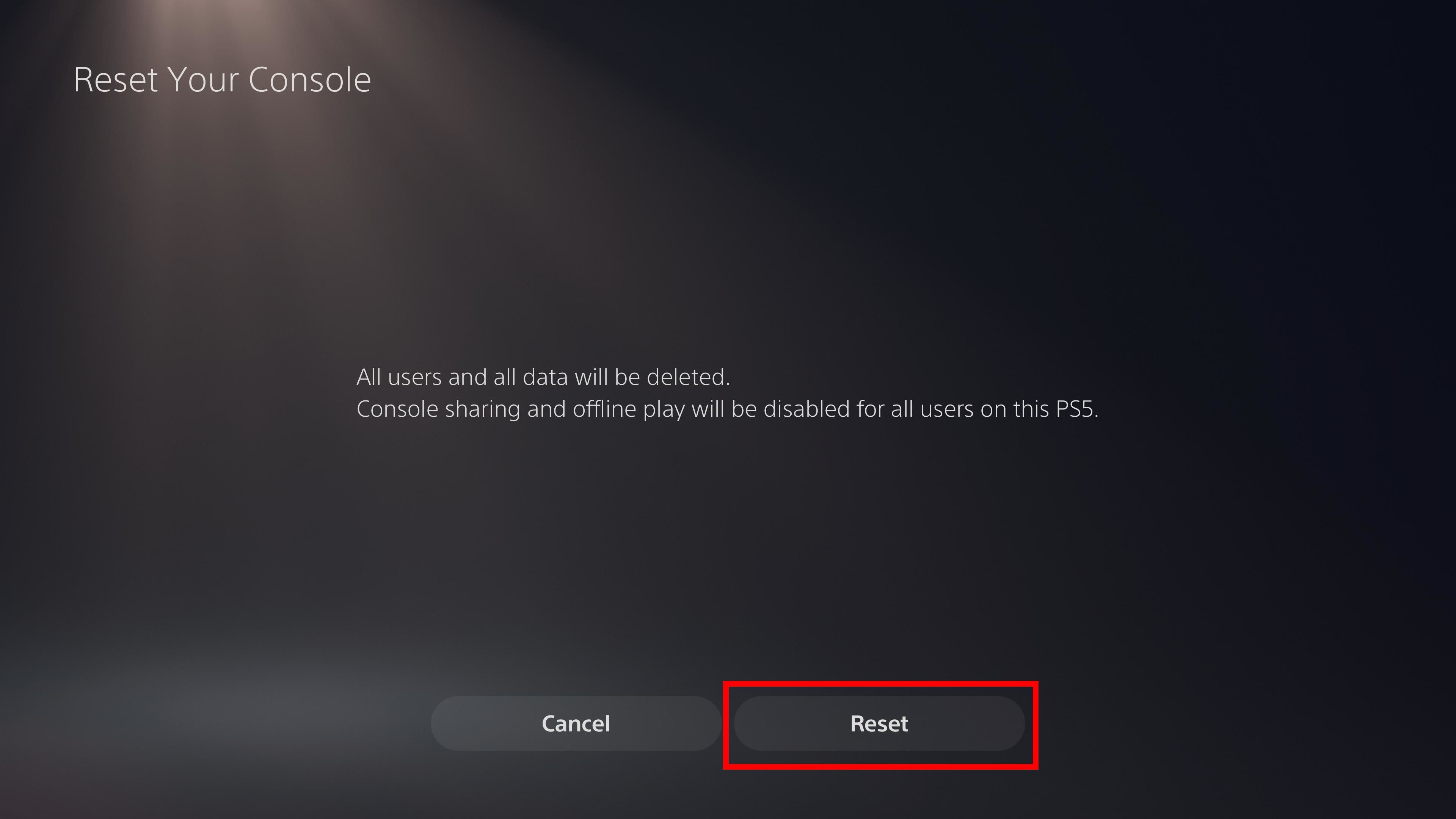 red rectangle outline over reset button in ps5 system settings