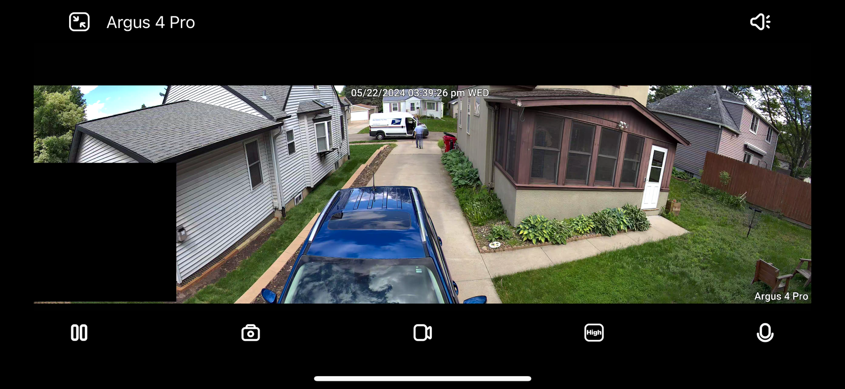 Argus 4 Camera View screen shot, which shows the home and the blue car