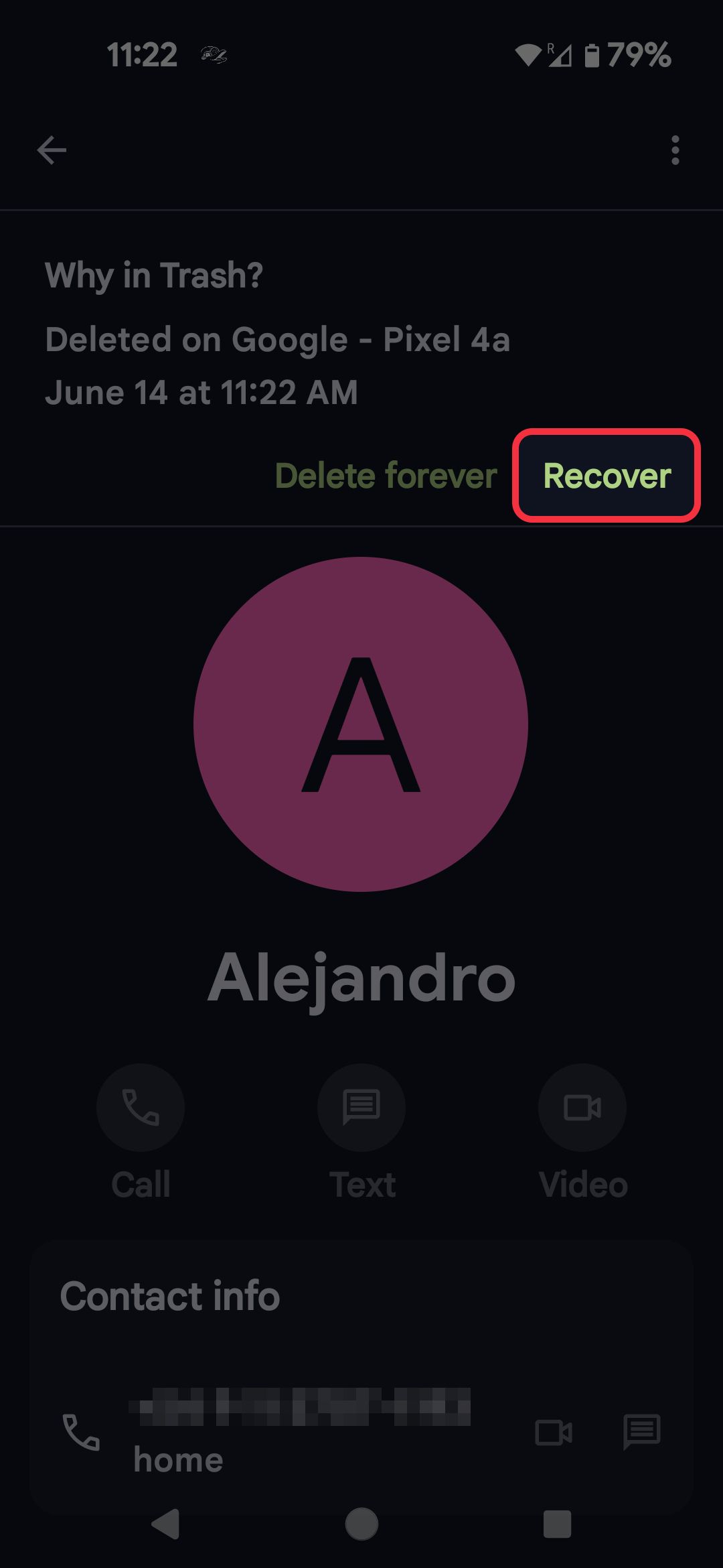 Contacts app deleted contact highlighting the Recover option