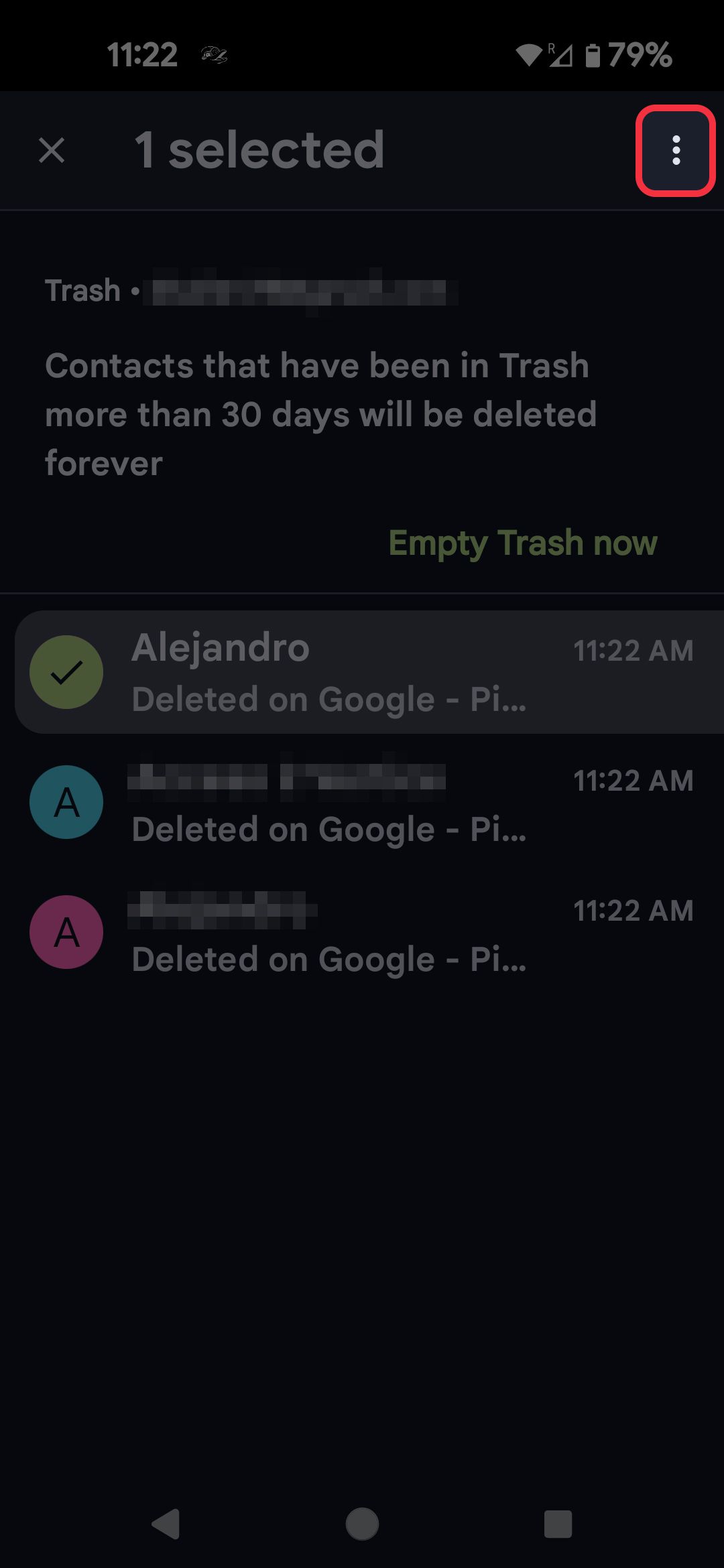 Contacts app Trash folder highlighting the 3-dot menu