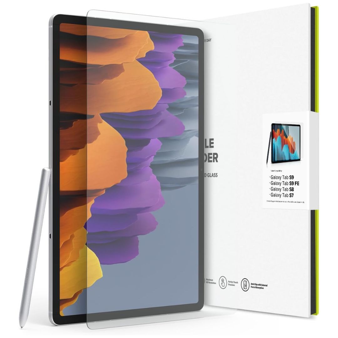 A screen protector shown above the Galaxy Tab S9 tablet and a white box