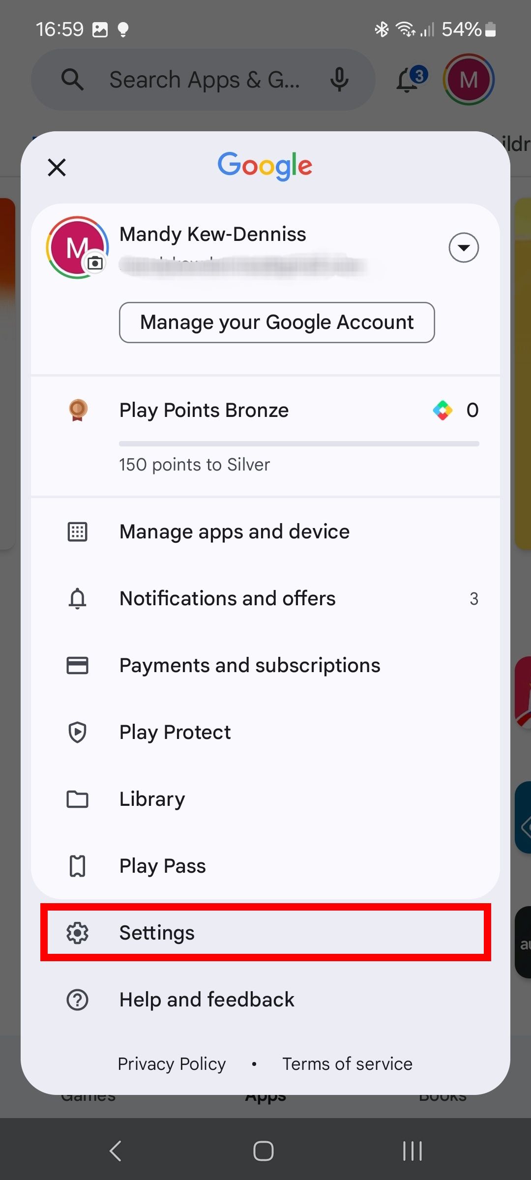 red rectangle outline over settings on a google account