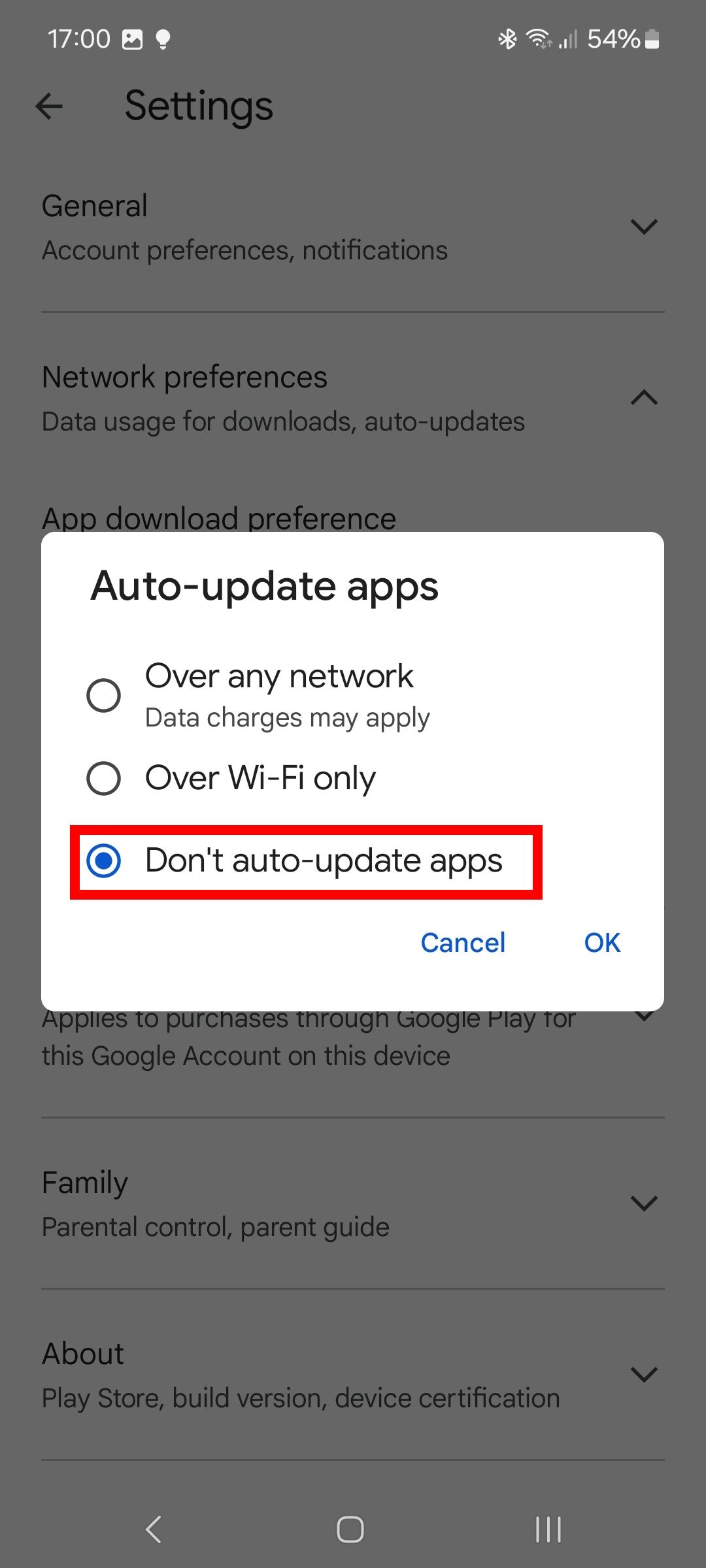 red rectangle outline over don't auto-update apps