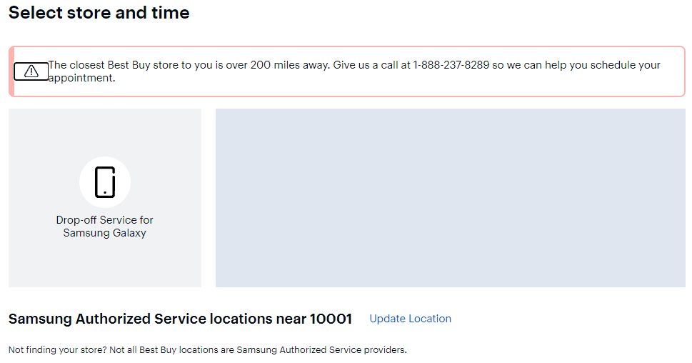 A screenshot of Best Buy's website that shows an error while trying to schedule a Samsung repair.