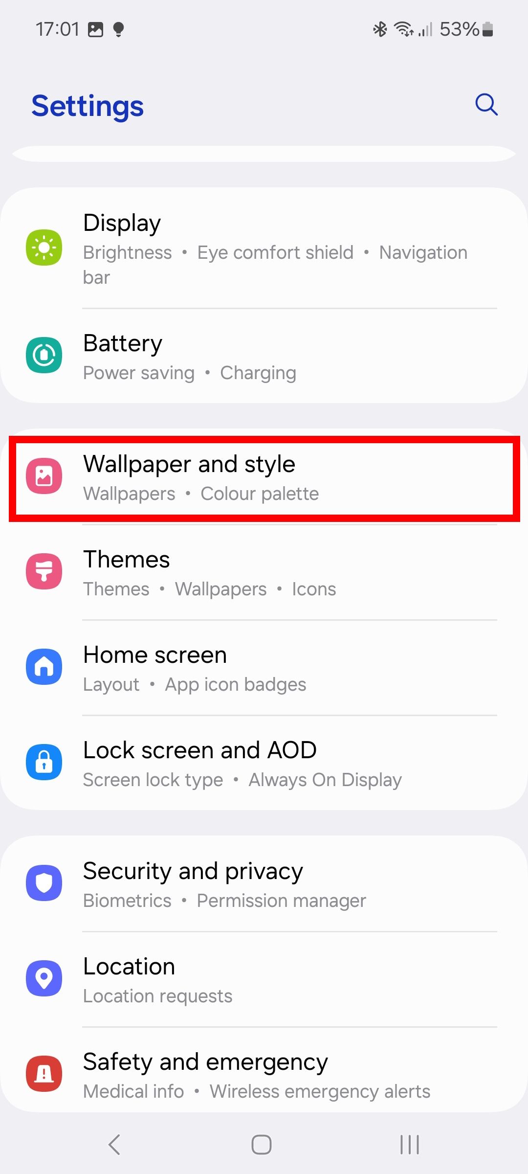 red rectangle outline over wallpaper and style in samsung settings