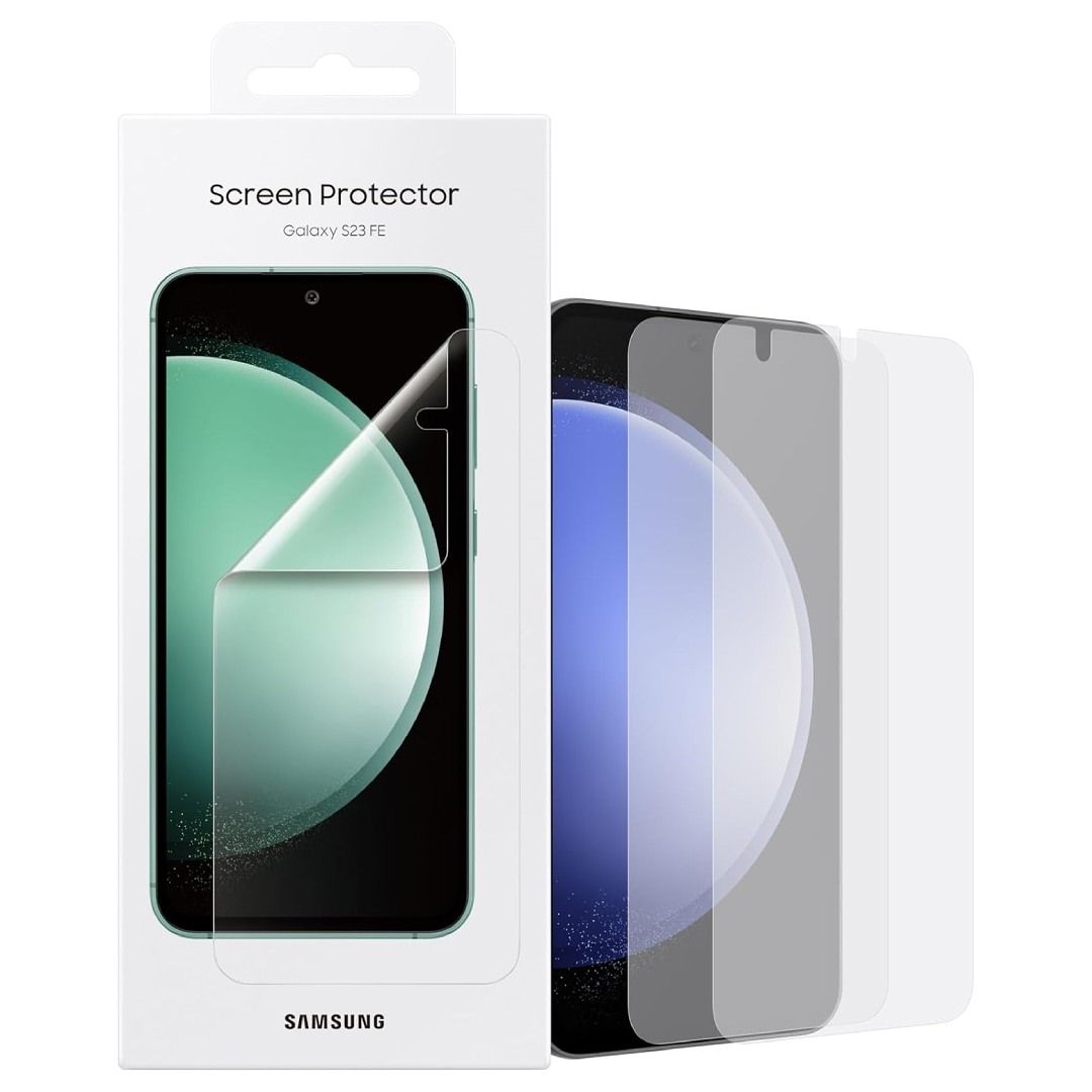 A render of the Samsung OEM Cover Shield film screen protector for the Galaxy S23 FE, and its box