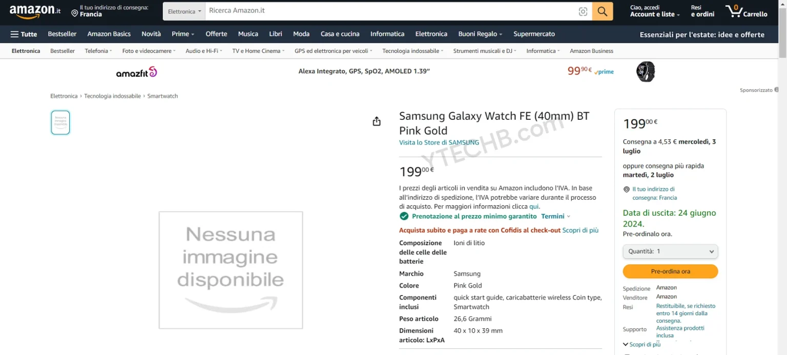 A screenshot of the Samsung Galaxy Watch FE listing on Amazon