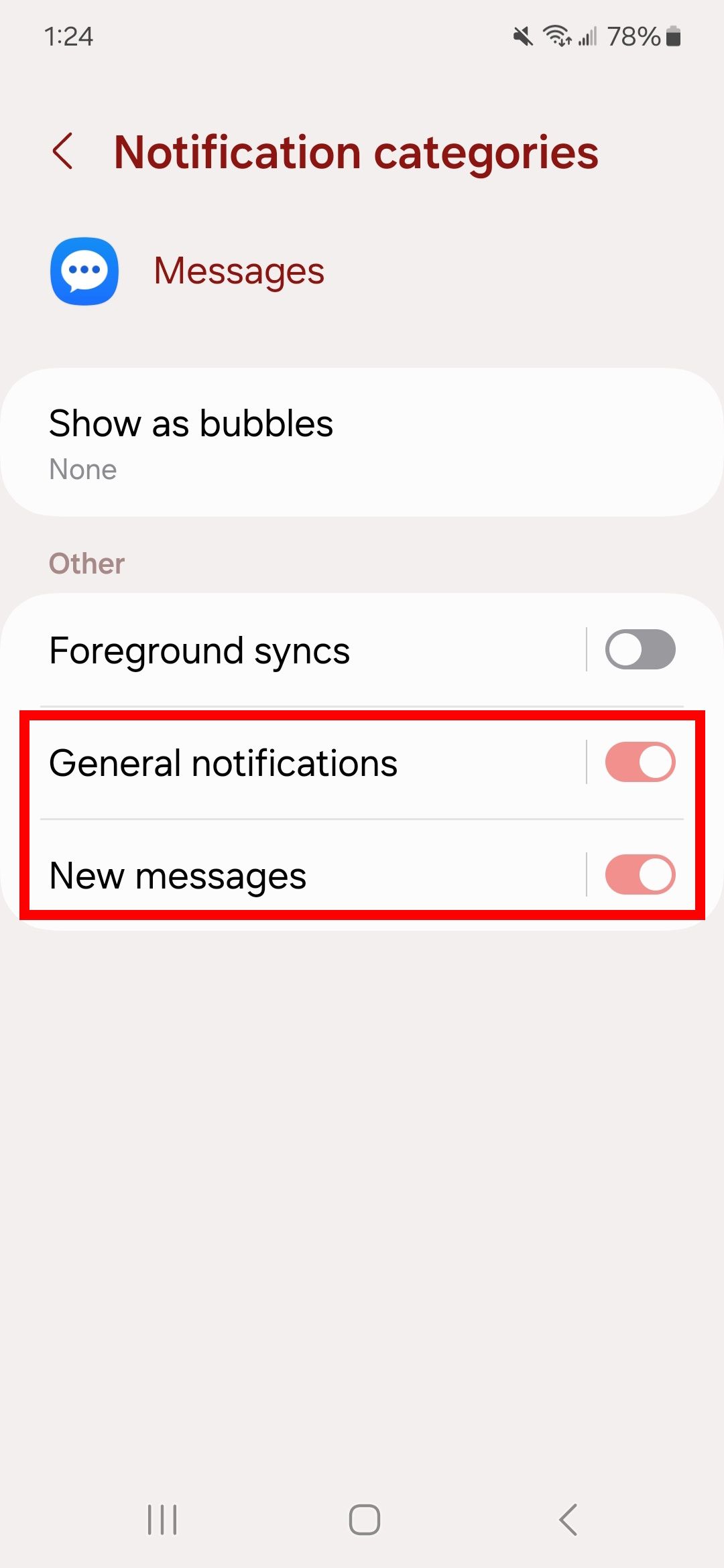 Garis persegi panjang merah pada notifikasi umum dan pesan baru pada kategori notifikasi di Samsung Messages di ponsel Samsung