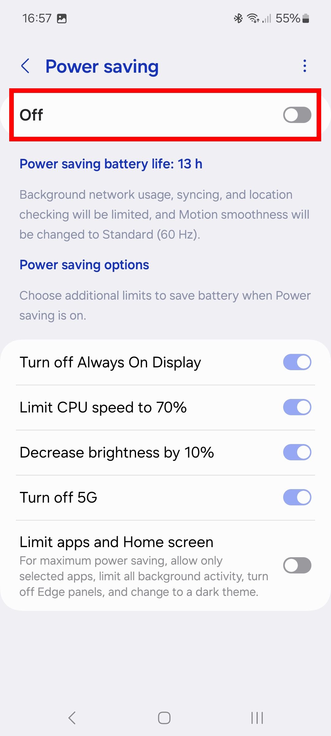 red rectangle outline over power saving mode toggle