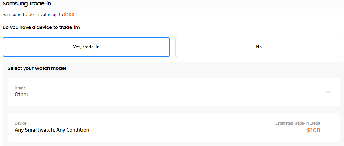 A screenshot of the any smartwatch, any condition $100 trade-in credit on Samsung's website.