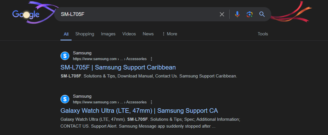 Screenshot of a Google Search with the Galaxy Watch Ultra's model number. The top two results lead to Samsung's Support Page.