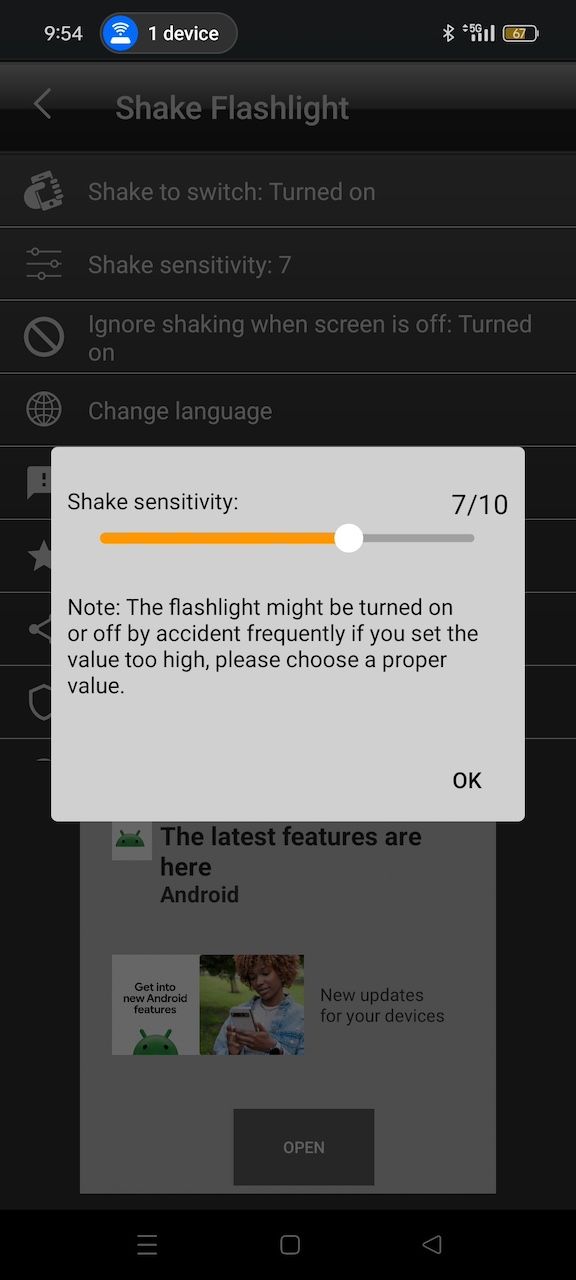 Shake sensitivity adjustment on Shake Flashlight app