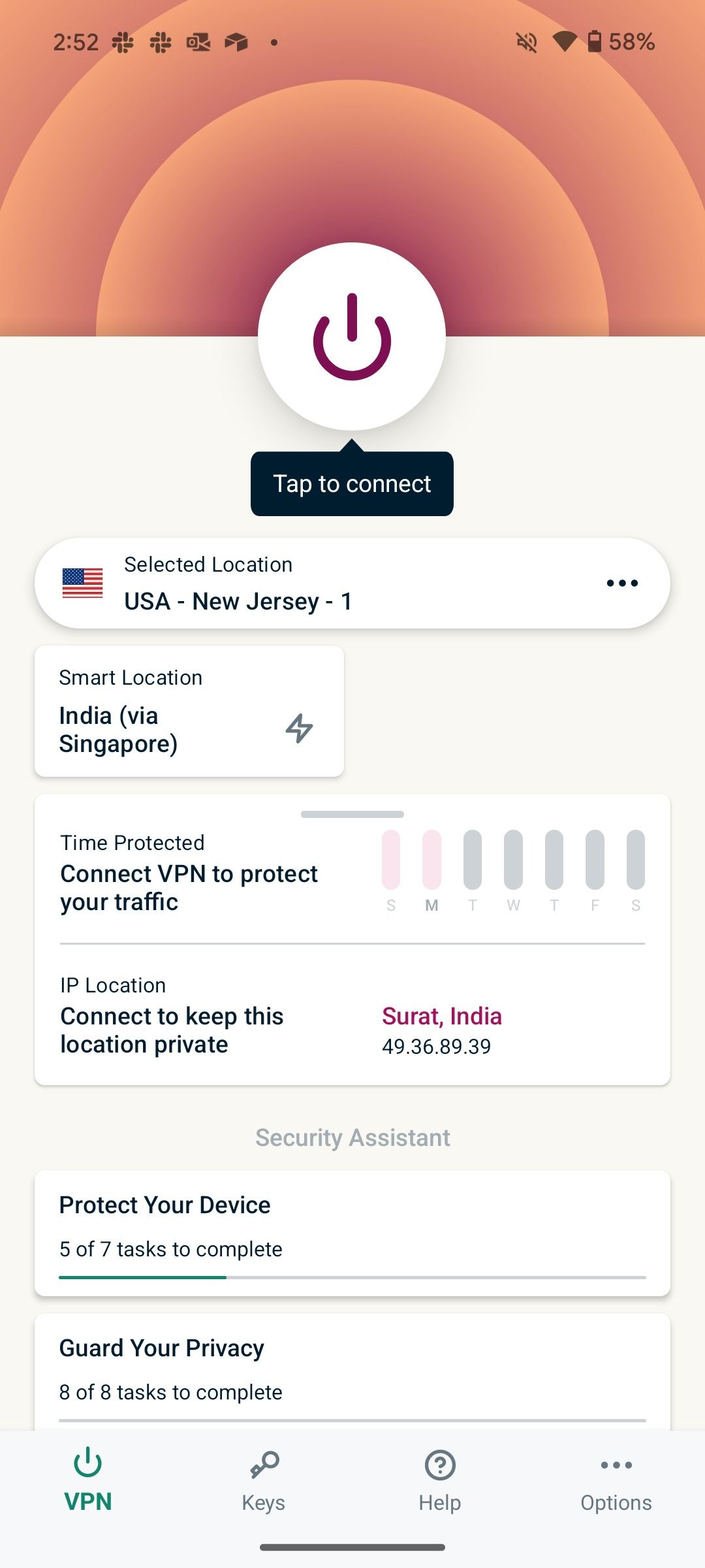 A screenshot showing ExpressVPN home