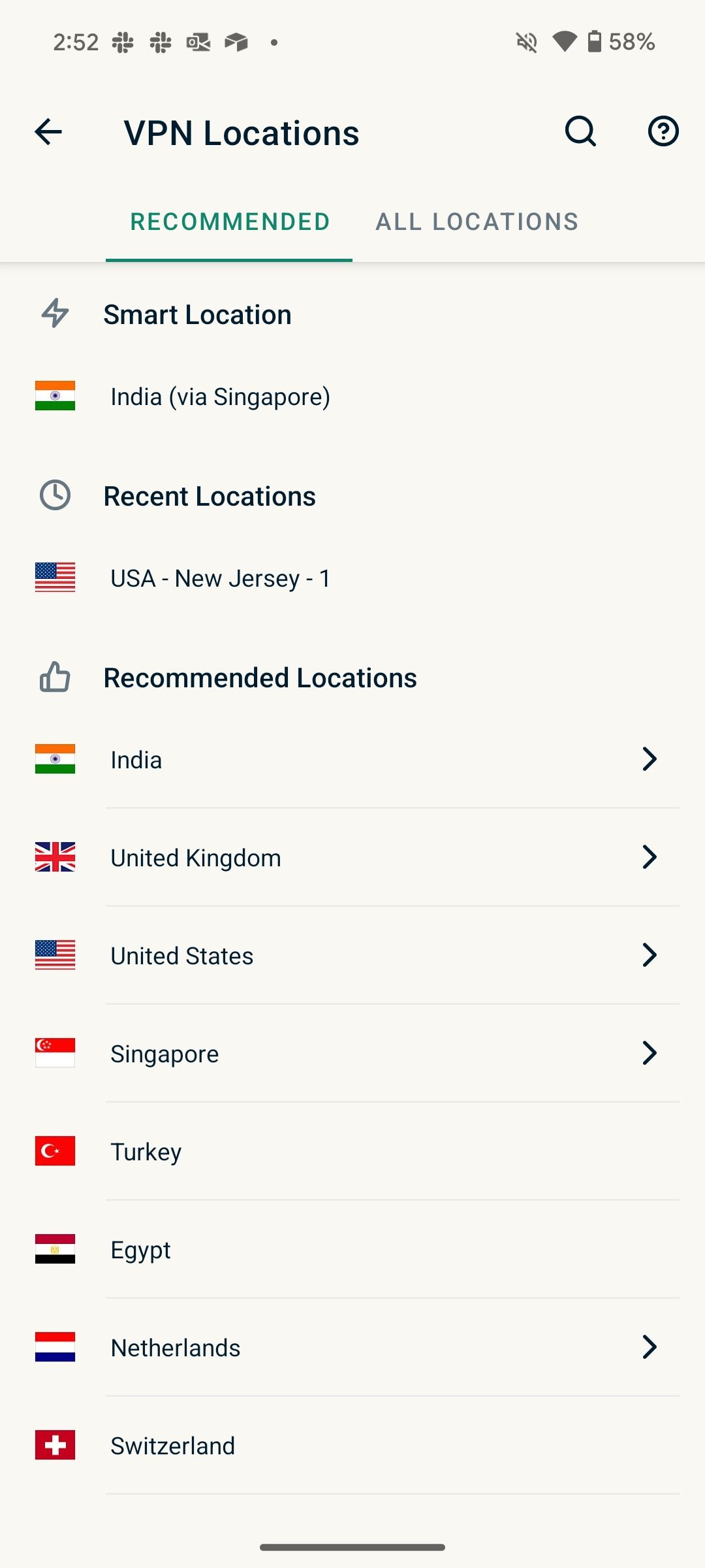 A screenshot showing ExpressVPN locations