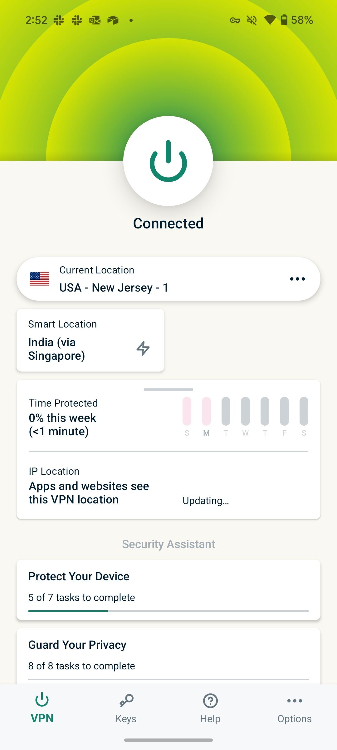 A screenshot showing ExpressVPN active connection