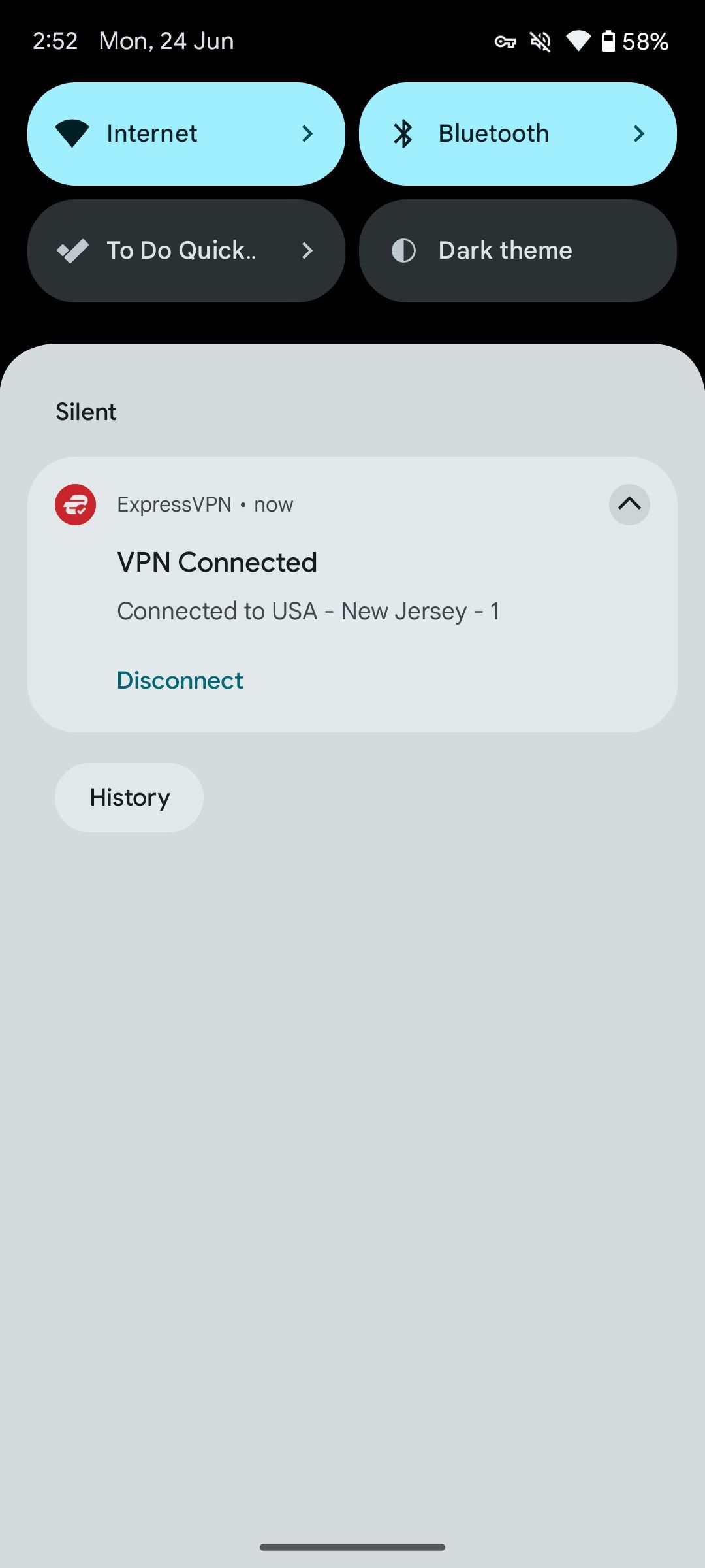 A screenshot showing notification center to disable ExpressVPN