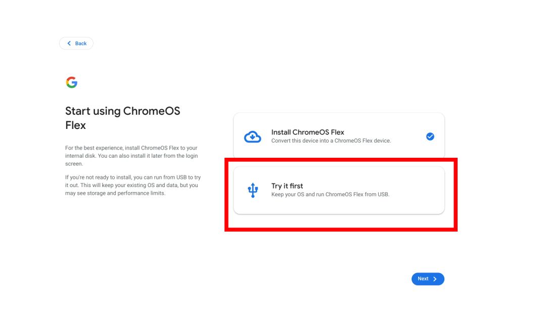 A user interface from Google with options to install ChromeOS Flex or try it first from a USB, highlighting the "Try it first" option.