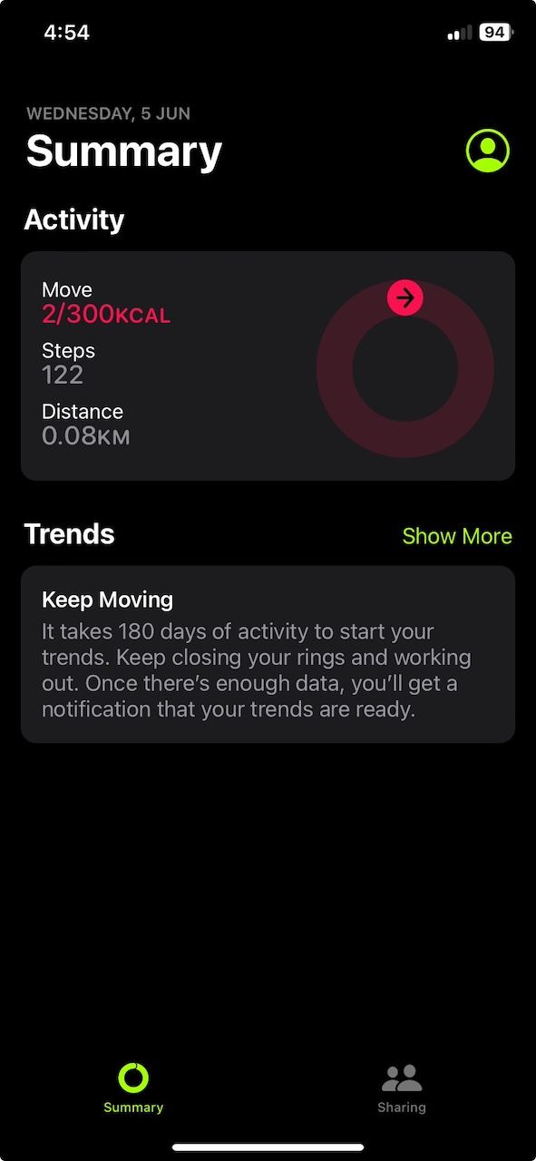 Summary menu on Apple Fitness app