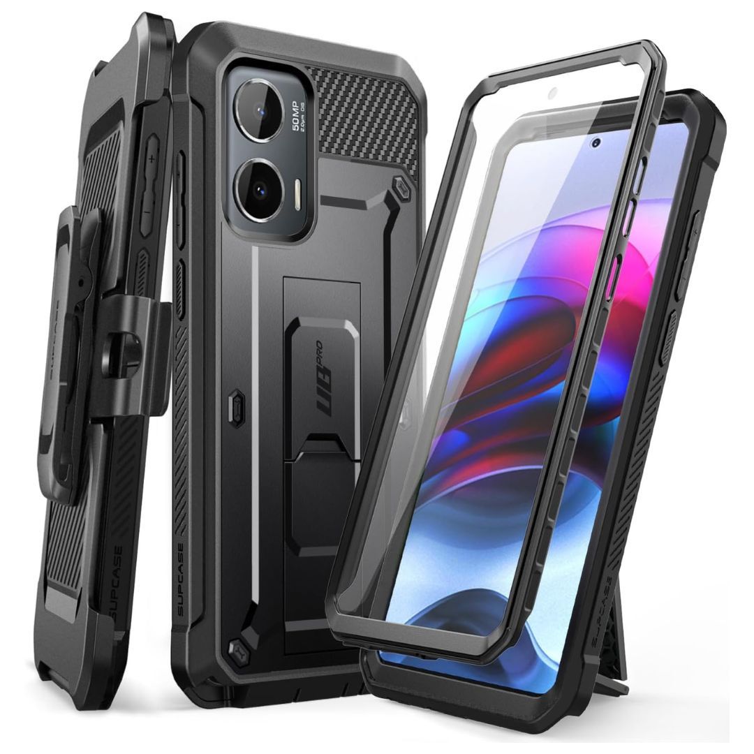 A black phone case with a tempered glass screen protector on a device