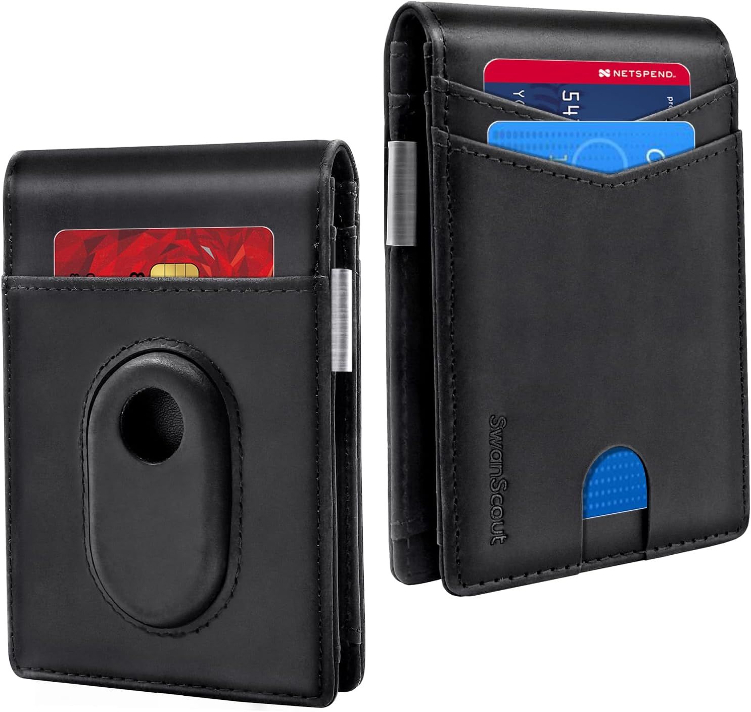 Black leather bi-fold wallet with money clip and Galaxy SmartTag2 slot